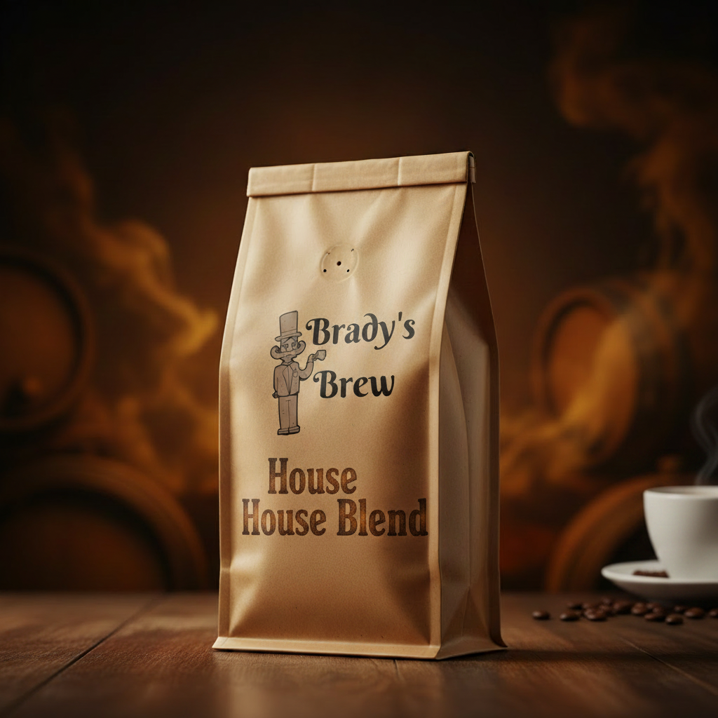 Brady's Brew House Blend coffee bag on a dark warm moody background